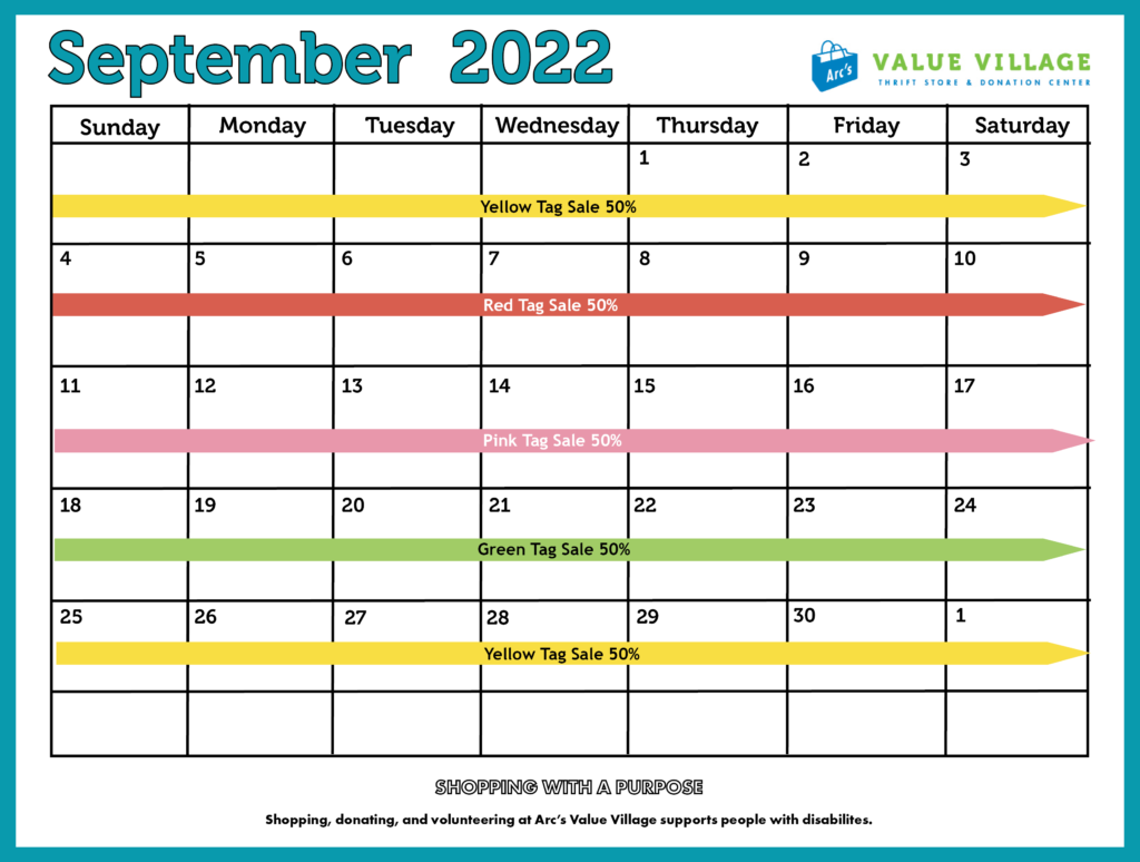 Calendar of September's weekly tag sales. 