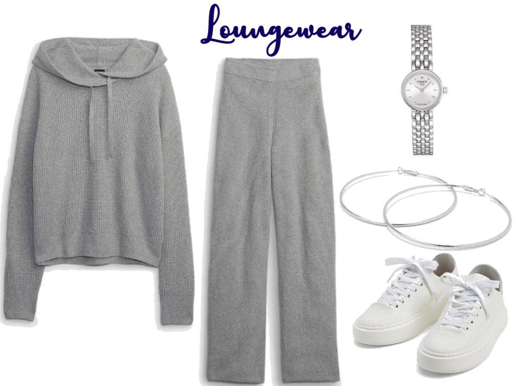A group of images including a long sleeved gray hoodie, wide legged knit pants, basic sliver watch, silver hoop earrings and simple white sneakers recommended as Loungewear for the holidays.