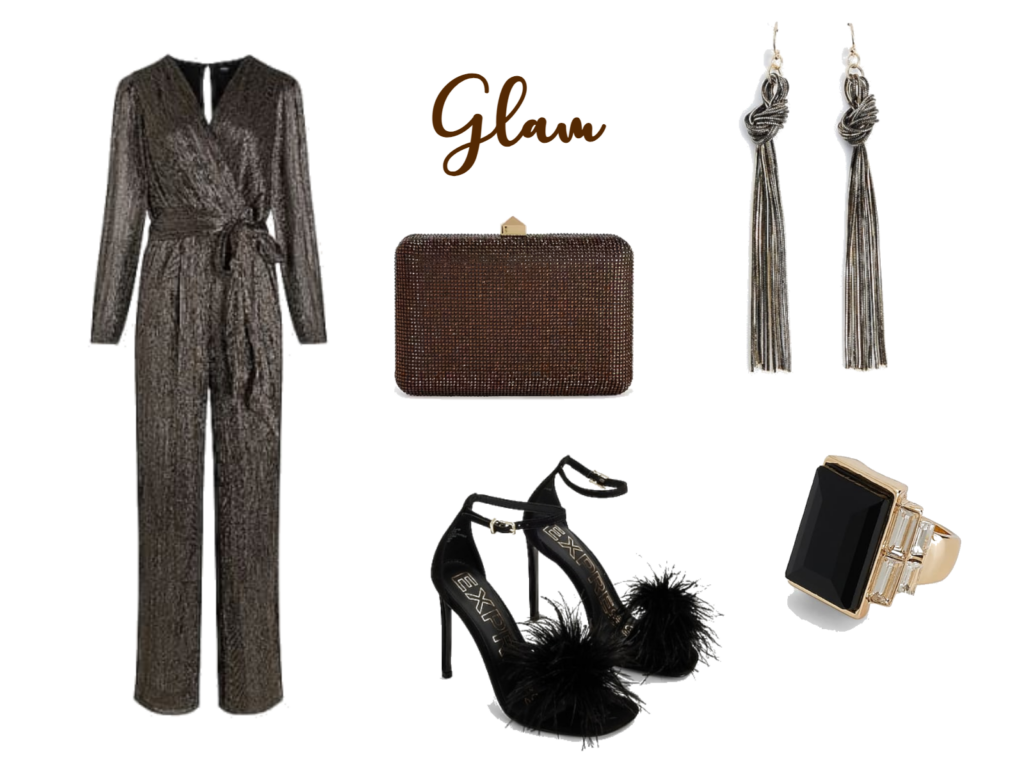 Group of Images of stylist recommended dangly earrings, sparkling brown jumpsuit, small brown clutch purse, gold ring with large black gem and delicate black high heels with black feathers on the toe to accomplish a Glam look for the holidays.