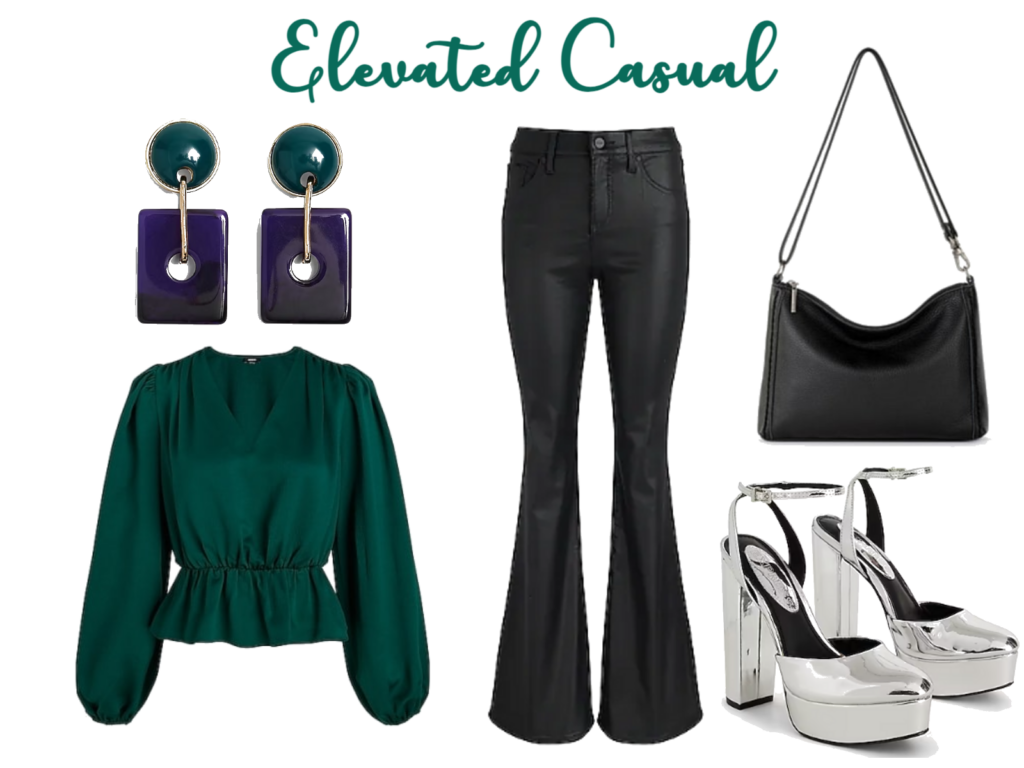  Images of stylist recommended earrings, blouse, flared leg denim pants, black purse and shiny silver high heeled shoes to accomplish an Elevated Casual look for the holidays.